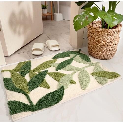 Green Leaves Flocking Bath Mat Quality Soft Anti-Slip Bedroom Floor Mats Microfiber Absorbent Bathroom Rug Entrance Door Carpet