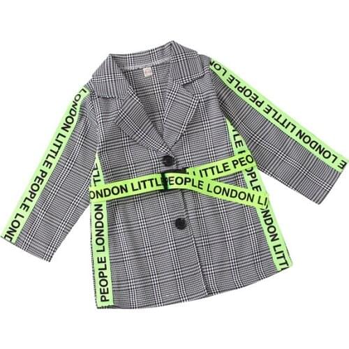 Fashion Toddler Baby Girls Long Sleeve Autumn Plaid Letter Print Belt Coat Warm Outwear Jacket Kids Outwear Casual Tops