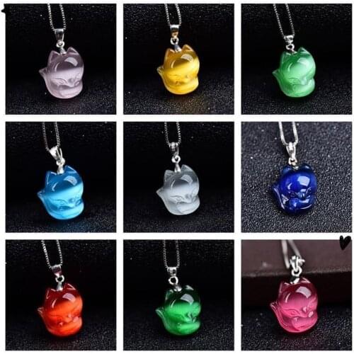 Fashion Cat Eye Stone Fox Pendant Necklace Jewellery Chinese Hand-Carved Healing Women Man Luck Gift Sweater Chain