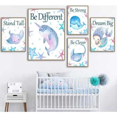 Cartoon Mermaid Princess Whale Stingray Wall Art Canvas Painting Nordic Posters And Prints Wall Pictures For Kids Room Decor