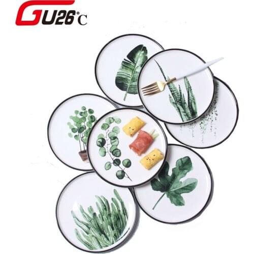1pc 8 Inch Green Plants Design Porcelain Dinner Plate Tableware Dinner Set Ceramic Dessert Plate Dinnerware Cake Plate Gift