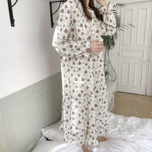 Flowers print cotton nightgowns long sleeve ruffles midi sleepdress o neck cute nightdress homeclothes midi dress Y402
