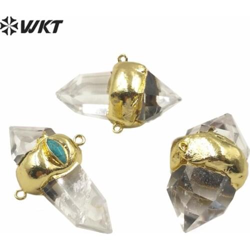 WT-P1552 WKT Wholesale Clear Stone Pendant Natural Double Point spirit Quartz Pendant In Gold Plated Women Jewelry Stone Pendant