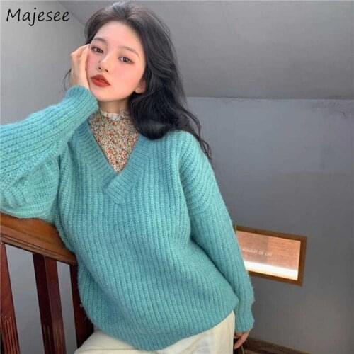 Pullovers Women Solid V-Neck Full Sleeve Loose Oversize Slouch Knitted Warm Casual Sweaters Korean Style Daily Ulzzang Femme New