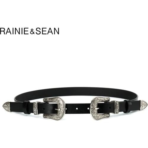 RAINIE SEAN Double Buckle Belt Women Genuine Leather Pin Belt Vintage Carved Buckle High Fashion Designer Cowhide Belt Strap