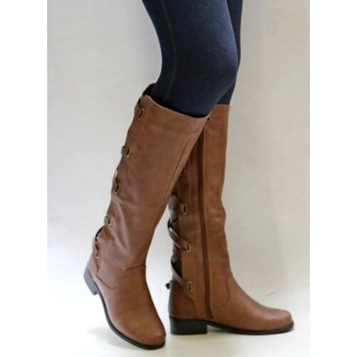 2020 Women Boots Buckle Strap Cross Tie Boots Knee-high Punk Low Thick Heel Side Zipper Female Ladies Shoes Winter Shoes Boots