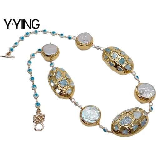 Y·YING White Coin Pearl Blue Larimar Gold color Plated Enamel Evil Eyes Chain choker Necklace for women 21"