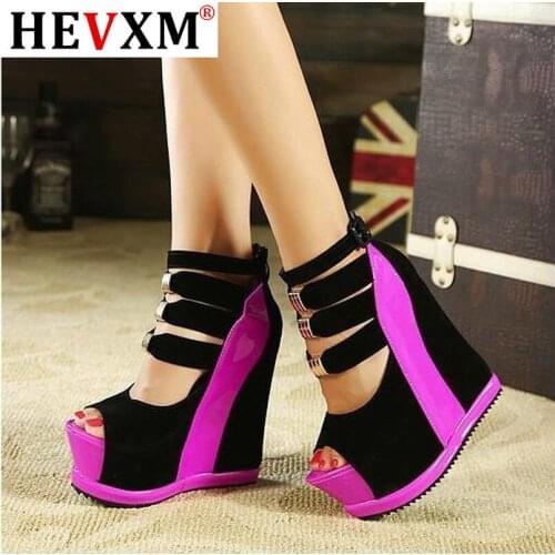 Woman Shoes 2020 Summer Genuine Women Platform Thick Soles Sandals Wedges High Heel 14cm Peep Toe Mixed Colors Sexy Shoes