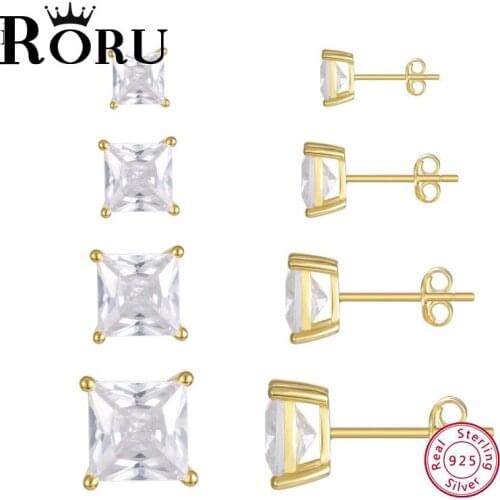 RORU 925 sterling silver earrings for Women Zircon square Geometric earrings female Korean version of earrings Jewelry