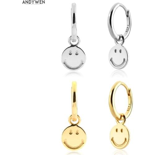 ANDYWEN New 925 Sterling Silver Gold 8.5mm Pure Smile Happy Face Drop Earring Smiley Clips Piercing Hoops Jewelry Gift For Women