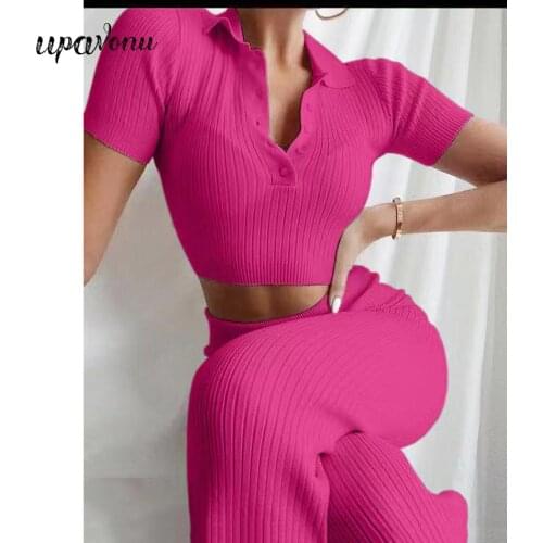 Free Shipping Casual Straight Pants Set Elegant Lapel Short Sleeve Short Top & Elastic Pants 2 Two-piece Women 202 Fashion New