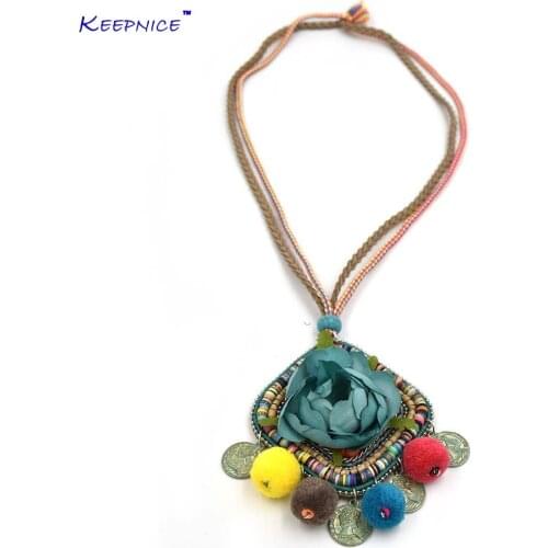 New Handmade Bohemia Jewelry Rose Flower Pendants Necklaces Leather Chain Retro Pompoms Pendants Necklace For Women