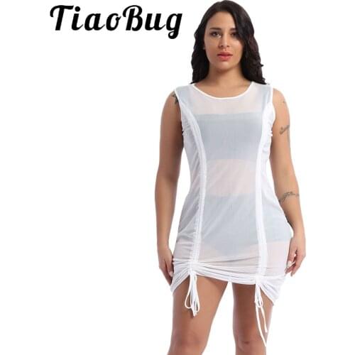 Women Transparent Mesh Short Mini Dress Sexy Club Rave Party Costume O Neck Sleeveless Drawstring Wrinkle Dresses New Loose Robe