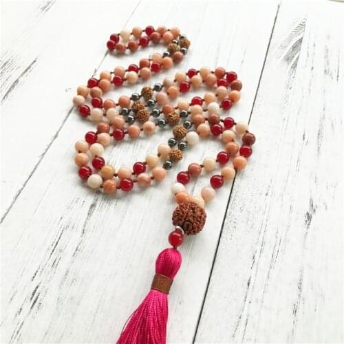 Colorful Beads Necklace Pink Aventurine Necklace Rudraksha Knotted Buddha Jewelry Meditation Tassel Necklaces Yoga Mala Jewelry