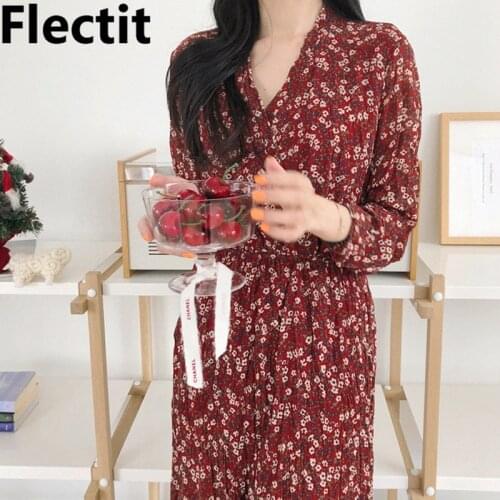Flectit Womens Vintage Floral Chiffon Dress Long Sleeve V-Neck Ruffled Hem Slim Long Pleated Dress Fall Spring Holiday Outfit