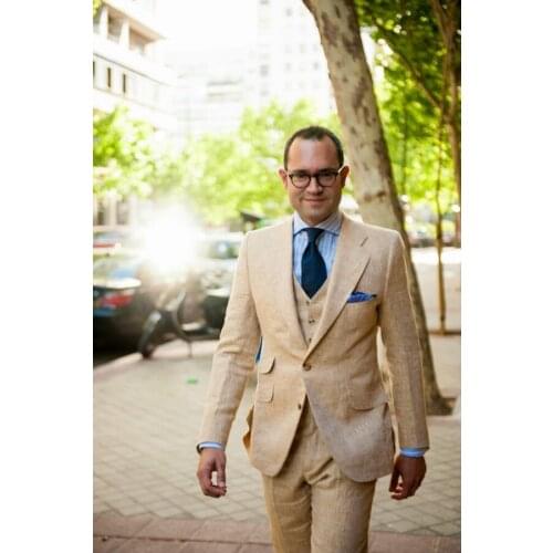 2017 Latest Coat Pant Designs Champagne Linen Casual Beach Men Suit Terno Slim Fit 3 Piece Tuxedo Suits Custom Blazer Masculino