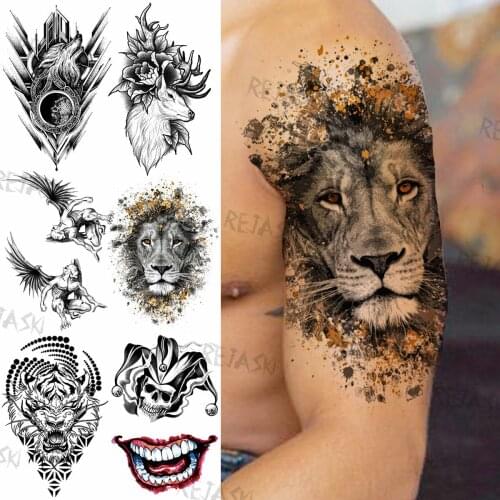 Watercolor Lion Temporary Tattoos For Men Adults Halloween Clown Deer Wolf Totem Fake Tattoo Arm Chest Washable Tatoos Stickers