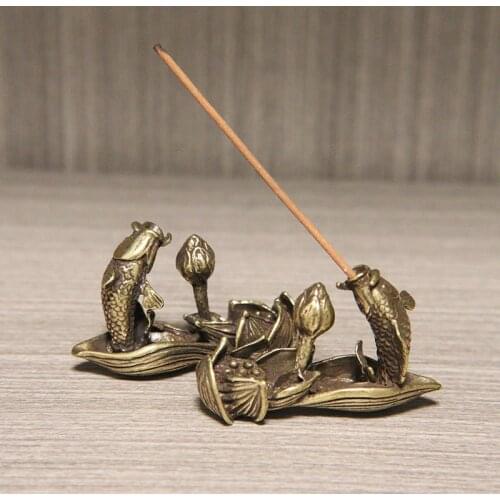 Antique Bronze Lotus Carp Fish Figurines Desktop Decoration Ornament Pure Brass Incense Stick Holder Zen Home Decor Accessories
