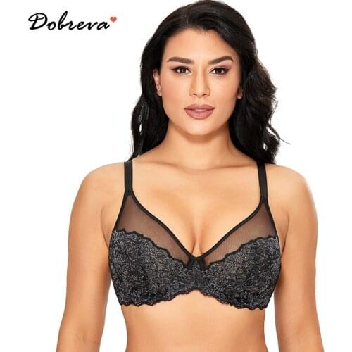 DOBREVA Womens Underwire Lace Bra Full Coverage Unlined Minimizer See Through Bralette Plus Size A-F Cup