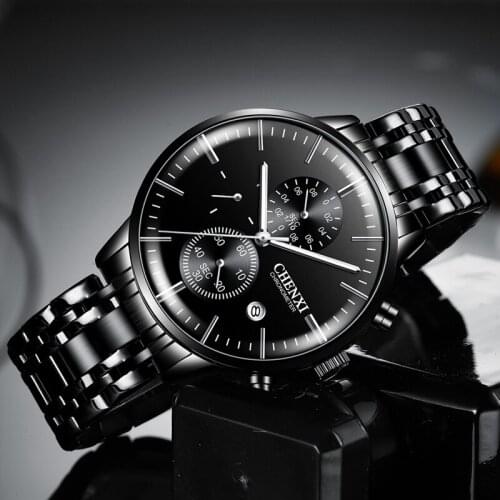CHENXI Watch Men Black Sports Watches Stainless Steel Band Chronograph Quartz Wristwatches Men Business Watches Luminous Hands