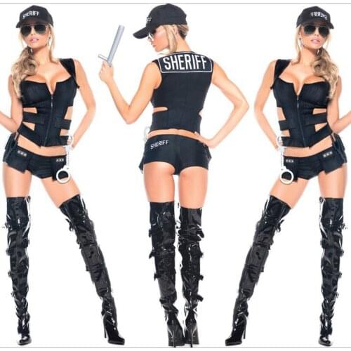 Women Sexy Womens Black Cop Costumes Halloween Game Stage Bar Police Secret Service Costume Cosplay