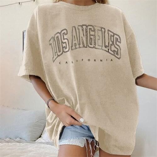 Fashion Womens T-shirts LOS ANGELES Letter Prints T Shirt Women 2021 O-Neck Oversized Loose Short Sleeve Summer Tops Streetwear