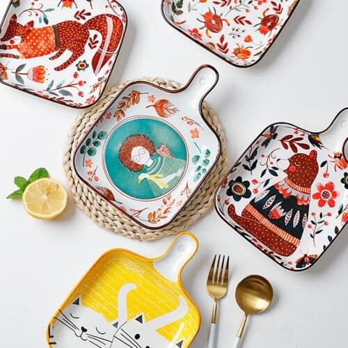 Nordic Ceramic Hand-Painted Glazed Color Plate Household Microwave Anti-Hot with Handle Baking Tray Breakfast Plate Tableware
