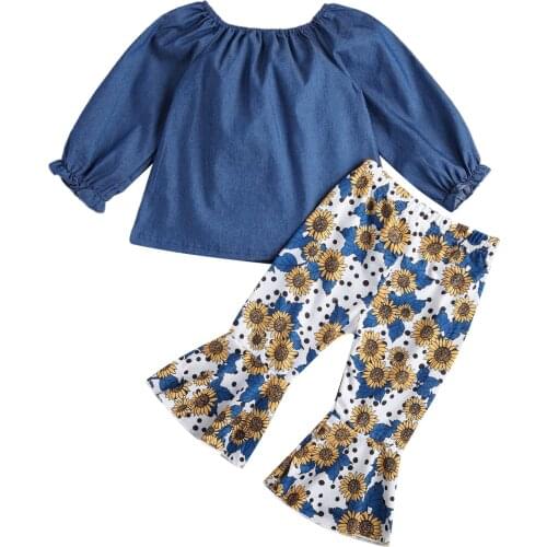 Girl’s 2Pcs Clothes Suit, Solid Color Long Sleeve Off-shoulder Tops with Sunflower Printed Flared Long Pants for Spring and Fall