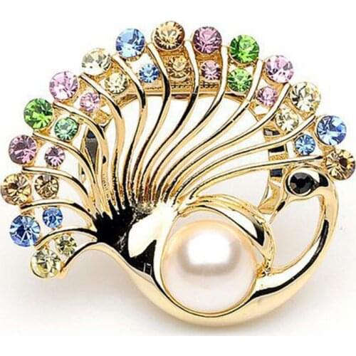 Beautiful New Colorful Imitation Crystal Faux Pearl Brooch Peacock Scarf Buckle Brooches Pin CC0921