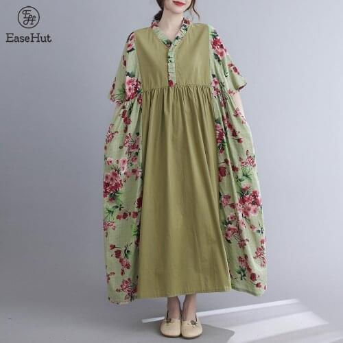 Fashion Womens Sundress Summer Dresses Half Sleeve Maxi Vestidos Casual Cotton Linen Loose Plus Size V Neck Print Robes Femme