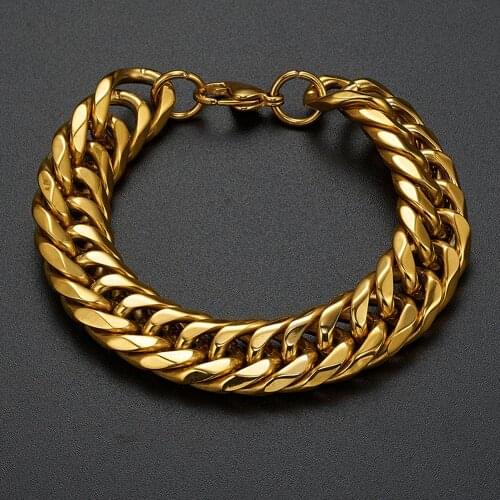 Granny Chic 9/11/13/16/19mm Heavy Mens Bracelet Curb Cuban Link Gold Color 316L Stainless Steel Wristband Male Jewelry