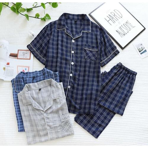 2021 New Mens Short-sleeved Trousers Pajamas Two-piece Viscose Spring and Summer Thin Plaid Large Size Home Service Cover