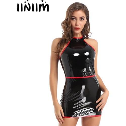 Womens Fashion Wetlook Cocktail Parties Clubwear Patent Leather Sleeveless Slim Fit Bodycon Dress for Pole Dance Party Dresses
