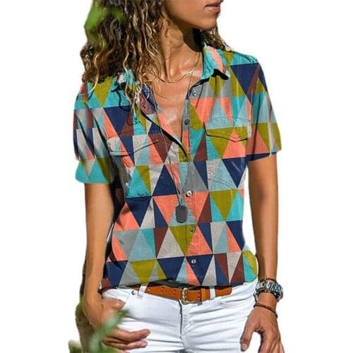 Short Sleeve Shirt Women Tops Casual Summer Lapel Button Up Shirts Vintage Floral Print Pocket Office Ladies Blouse Blusas Mujer