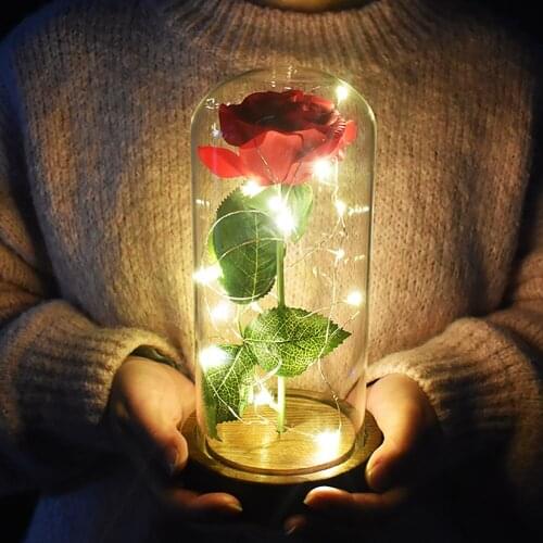 Artificial Red Rose with Led Light in Glass Dome Beauty and The beast Rose Forever For Mother day Birthday Gift Decoration
