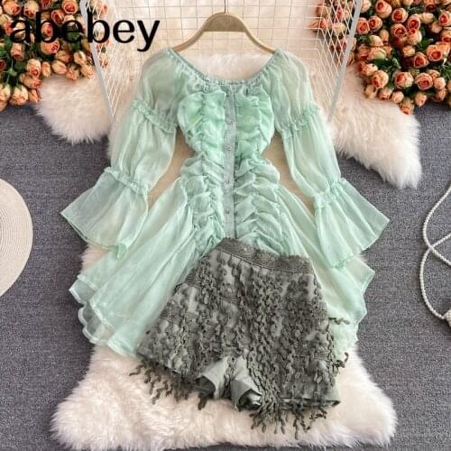 2021 New Spring Autumn Fashion slash neck long sleeve high waist pleated Shirt + High Waist Wide Leg tassel Shorts two-piece set