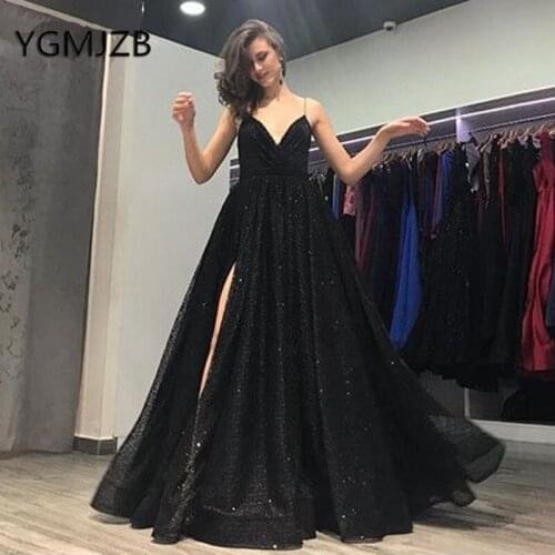 Black Glitter Sequin Prom Dresses 2019 A-line Deep V-neck High Side Slit Sexy Backless Saudi Arabic Women Formal Prom Party Gown