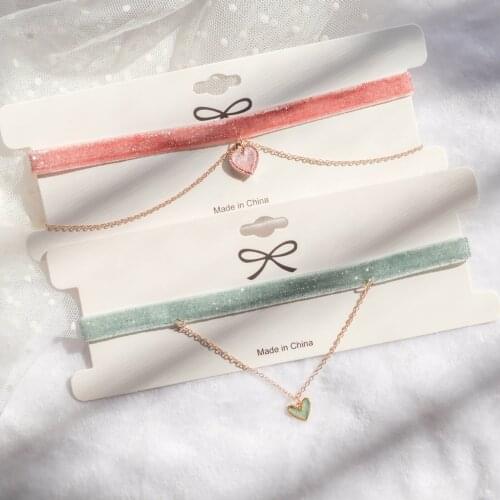 Vintage Velvet Heart Choker Necklace Layer Hearts Pendants Chockers Women Jewelry Short Chain Necklace Peach Pink 30cm long