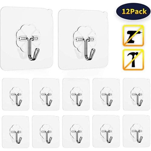 12pcs Strong Seamless Hook Waterproof Transparent Wall Sticker Hanger Glue Hook Storage Rack Free Punching Bathroom Kitchen Tool