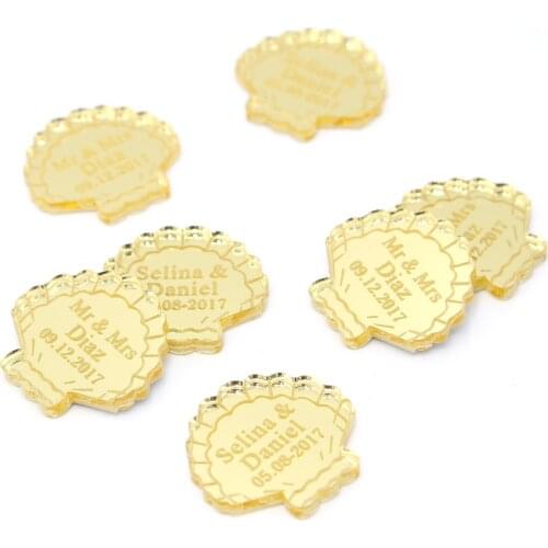 50* Personalized Beach Wedding Mr & Mrs Table Decoration Gold / Silver Mirror / Clear Shell Bride Baptism Centerpieces Decor