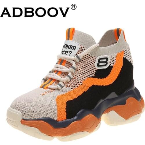 ADBOOV 9 CM Height Increasing Chunky Sneakers Women Knit Upper Breathable Dad Shoes Platform Trainers Women