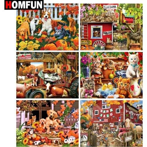 HOMFUN Diamond Painting Full Square/Round Diamond "Farm landscape dog" Pattern Embroidery Cross Stitch 5D Rhinestone Painting