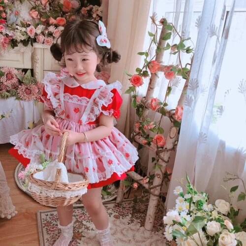 Baby Girl Summer Red Rose Vintage Spanish Turkish Lolita Palace Princess Ball Gown Lace Dress for Easter Eid Birthday Casual
