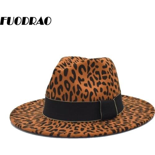 FUODRAO New Fedoras Women Leopard Autumn Winter Wool Hats Men Ribbon Jazz Caps Wide Brim Gentleman Elegant Chapeau Femme F122