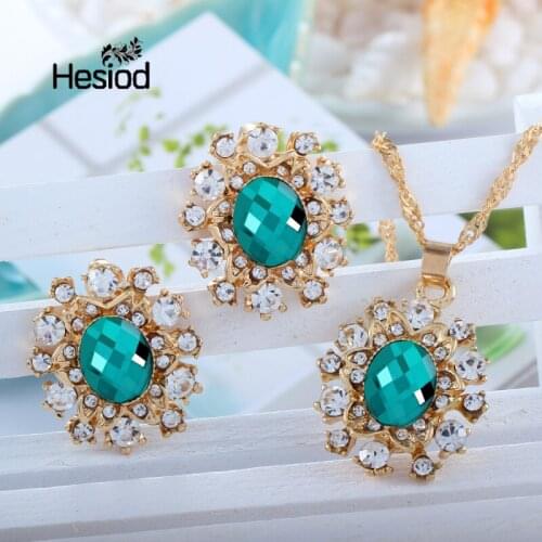 Hesiod Green Blue White Crystal Zirconia Jewelry Set For Women Bridal Gold Color Flower Round Pendant Necklace Earring Sets