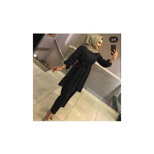 Hijab Black Crepe Mira Double Bottom Top Belted Set