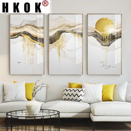 HKOK Abstract Golden Sunrise Canvas Painting Landscape Impressionist Wall Art Posters Printings Pictures Living Room Hoom Decor