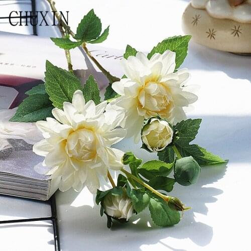 Artificial flower single branch 4 head Dahlia Guanyin lotus Home living room decoration Wedding scene layout fake chrysanthemum