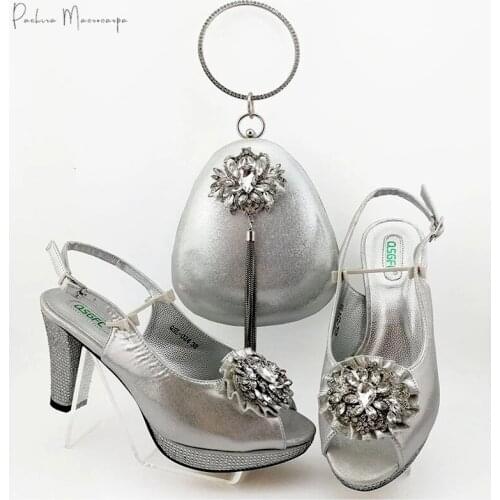 Italian Design Fashion Silver Color Crystal Style African Nigerian Ladies Shoes and Bag Set Decorated With Rhinestone for Party
