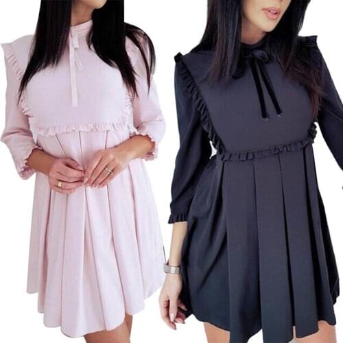 Fashion Women Autumn Spandex Solid Color 3/4 Sleeve Ruffled Large Swing Tunic Mini Dress Office Shirt Dress Mini Party Dress